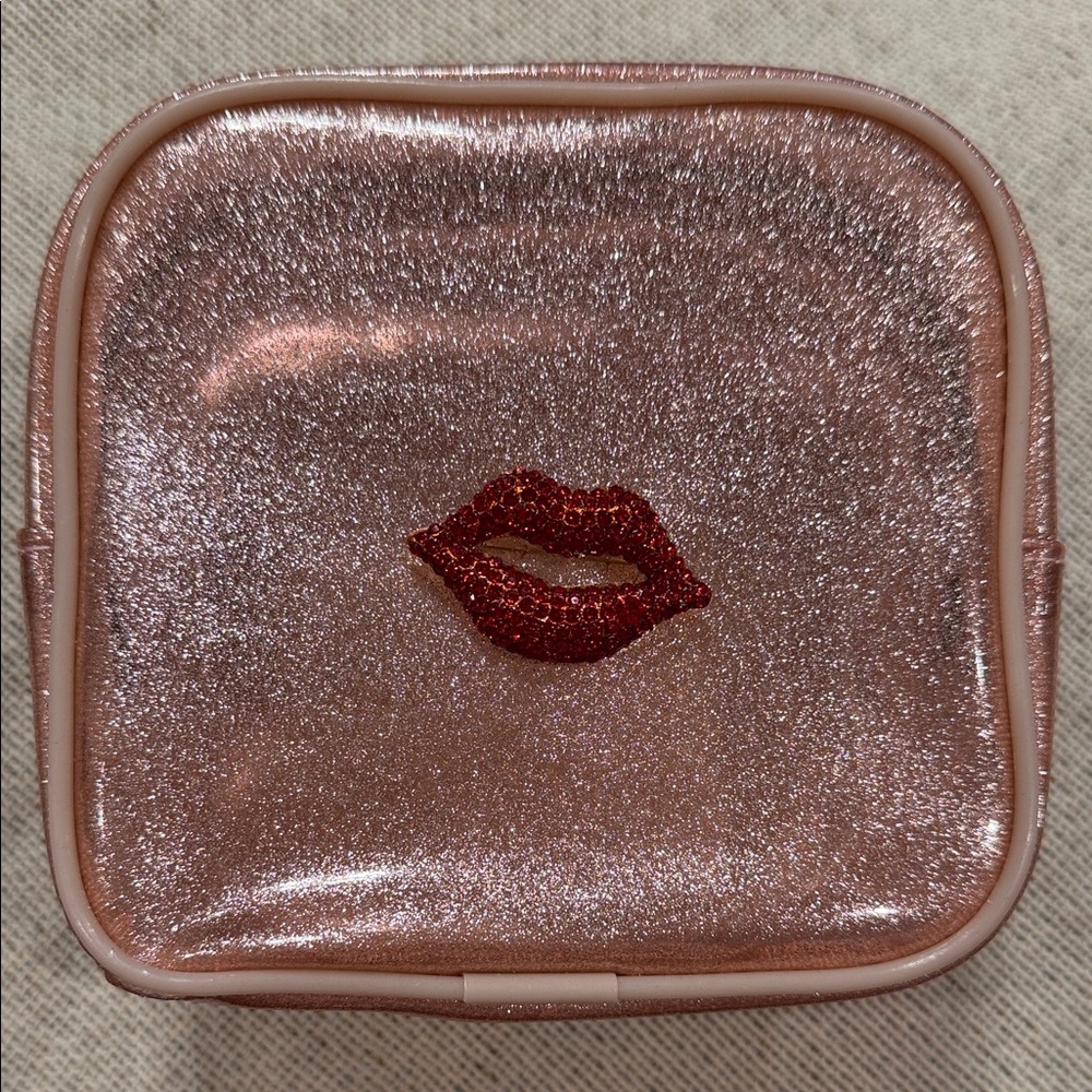 Glittery Pink Makeup Bag with Red Lip Design